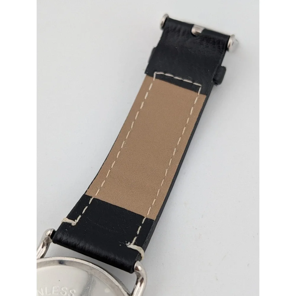 Men's Quartz Watch 42mm Silver Case Black Faux Leather Band- New Battery